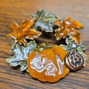 Autumn Leaf and Pumpkin Brooch Signed KC